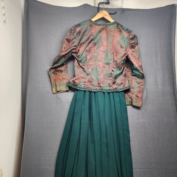 Womens Victorian Style Dress Jacket Set 10 Green Brown Brocade Pleated Oriental - Picture 16 of 16